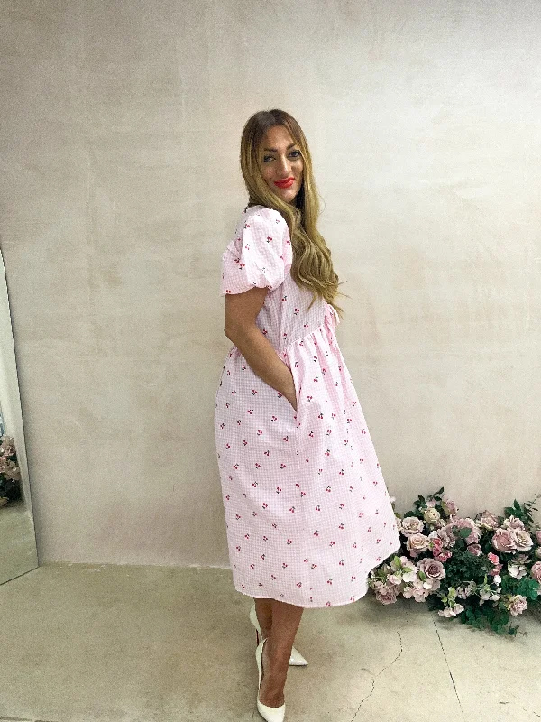 Scattered Cherry Print Midi Dress In Pink Gingham