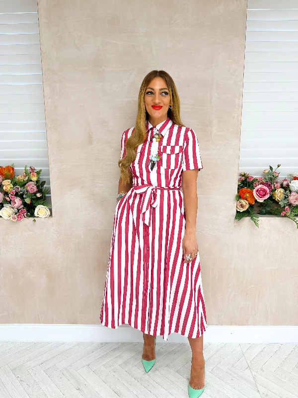 Shirt Midi Dress In Red And White Stripe