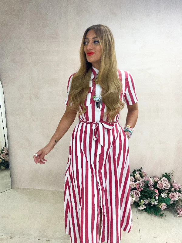 Shirt Midi Dress In Red And White Stripe