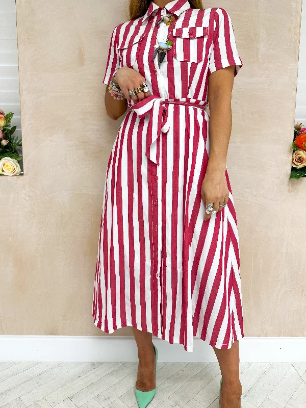 Shirt Midi Dress In Red And White Stripe