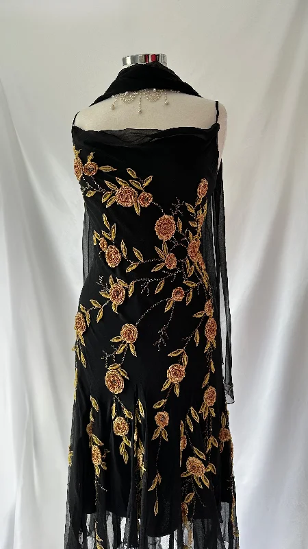 The Golden Rose 90s Vintage Crochet Appliqué Midi Dress