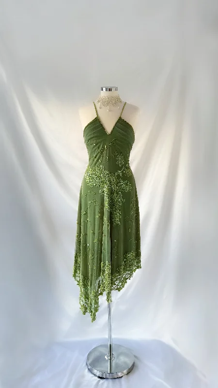 Whimsical 90s Green Iridescent Embellished Mesh Midi Dress